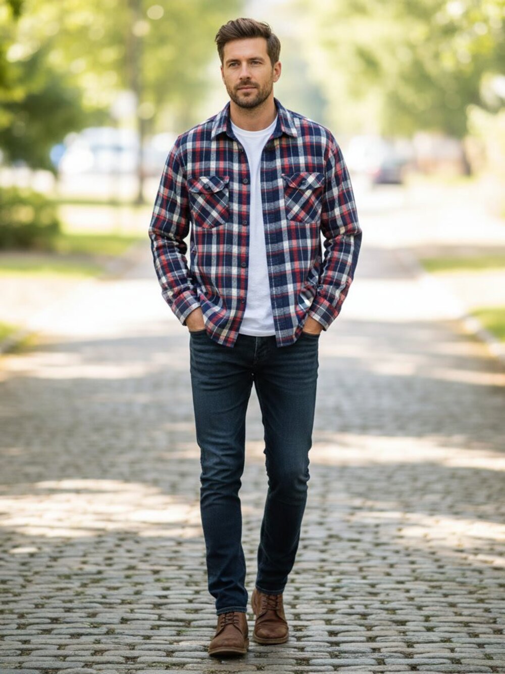 Goodfellow & Co Red Navy Plaid Elbow Patch Flannel